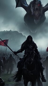 Dark armored warrior riding a black horse leads undead army under stormy skies