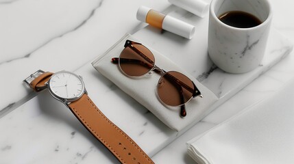 Elegant Still Life with Watch, Sunglasses, Coffee, and Toiletries on a Marble Surface, showcasing luxury lifestyle products in detail.
