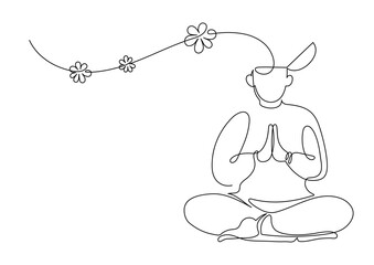Man praying with flowers growing from head in lotus pose. Religion, faith, medidation concept. Continuous line drawing.