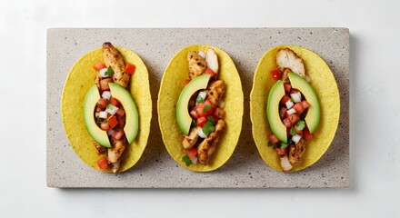Delicious chicken tacos with avocado and salsa on yellow corn tortillas a tasty mexican food meal treat