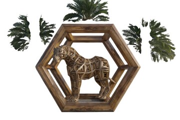 Intricate wooden tiger sculpture within a hexagonal frame surrounded by palm fronds isolated on white background