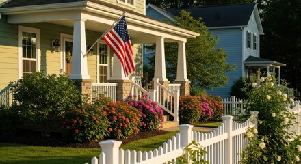 A charming suburban home with an american flag flying proudly on the porch