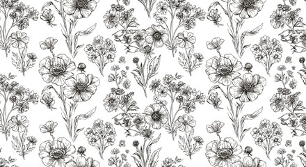 Black and white floral pattern with varieties of wildflowers  