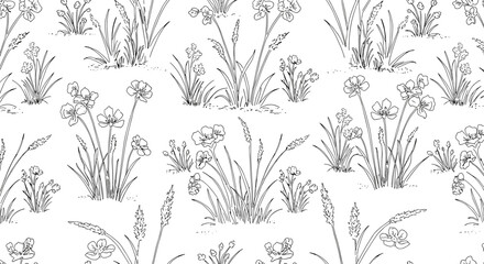 Hand-drawn floral pattern with grass and flowers on white background  