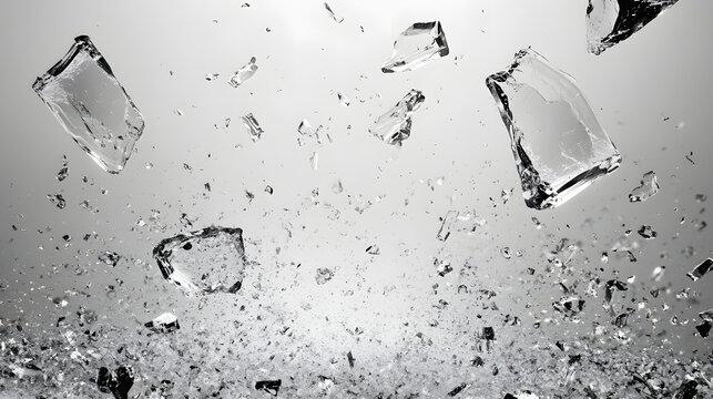 High-speed capture of sharp glass shards exploding in mid-air on a clean gradient background symbolizing destruction impact
