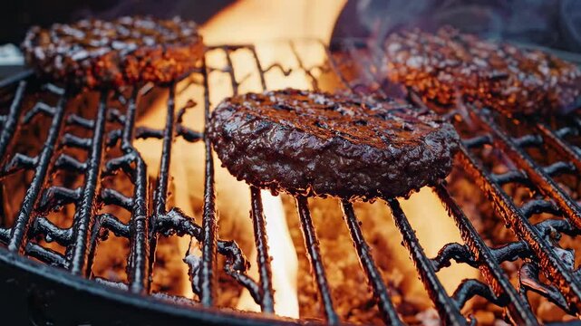 Close-up, eye-level shot of juicy burgers grilling over open flames, capturing the sizzle and smoke. Perfect for a cooking video theme.