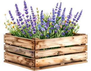 Vintage Wooden Crate Packed with Fresh Lavender and Yellow Wildflowers