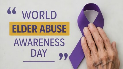Promoting awareness for World Elder Abuse Awareness Day with a symbolic purple ribbon and an elderly hand on a white background