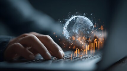 Investment in Technology: Laptop, Globe with Financial Graph Overlay