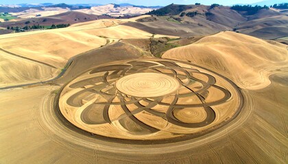 Aerial View of a Geometric Crop Circle in a Brown Desert Field
