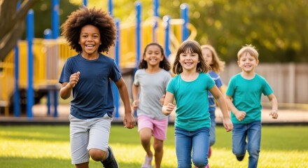 A diverse group of happy children run and play together on a sunny day at the park