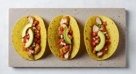 Delicious chicken tacos with avocado and salsa on a stone board ready to be served and enjoyed today