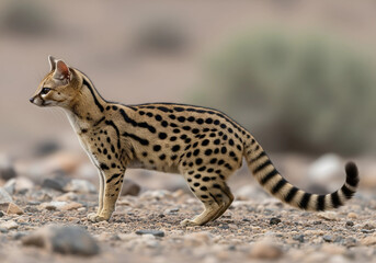 Side View of Arabian Small-Spotted Genet Walking on Rocky Terrain &ndash; Genetta Wildlife Photography