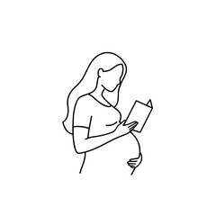 Pregnant woman reading a book icon, thoughtful expression, simple design on transparent background
