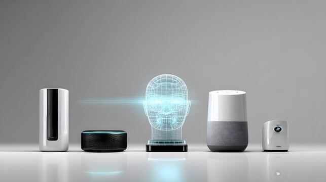 Smart digital assistant devices holographic interface visuals isolated on white surface showcasing voice AI NLP natural language processing and smart home technology integration