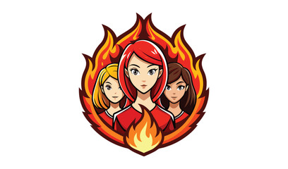 Three anime girls in fiery flames logo design