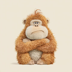 Furry cartoon monkey showing a thoughtful expression with crossed arms against a plain background