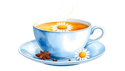 Light Blue Cup of Chamomile Herbal Tea with Star Anise on Saucer