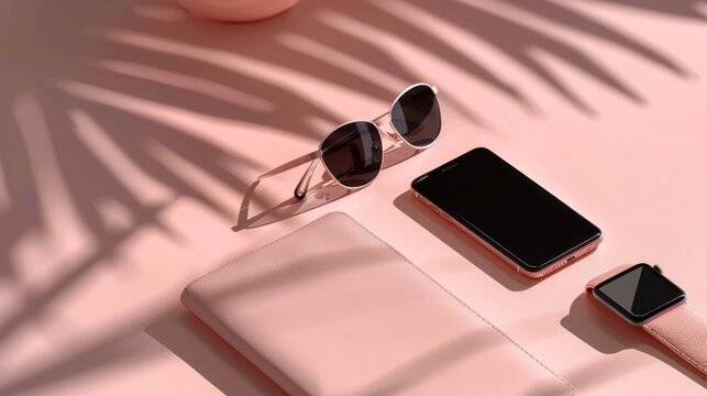 Minimalist aesthetic featuring sunglasses, smartphone, smartwatch, and notebook under soft shadows, creating a modern and stylish lifestyle scene in pastel pink hues.