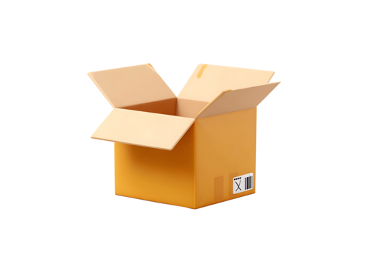 3D Open cardboard box. Fast shipment delivery. Unpacking order or parcel in cargo box. Moving concept. Cartoon creative minimal design icon isolated on white background. 3D Rendering 