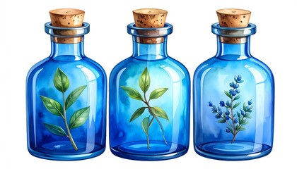 Trio of Blue Glass Jars Containing Green Leaves and Blue Flowers