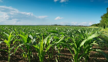 Naklejka premium a field of green corn stalks with a blue sky in the background