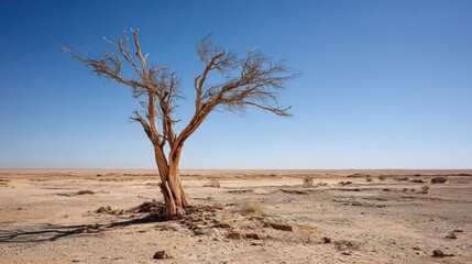 Lone, dead tree in arid, flat desert landscape under clear blue sky