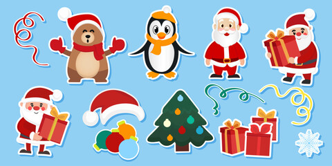 Christmas cartoon sticker set with Santa Claus, penguin, bear, presents, Christmas tree and festive decorations. Isolated clipart on editable background