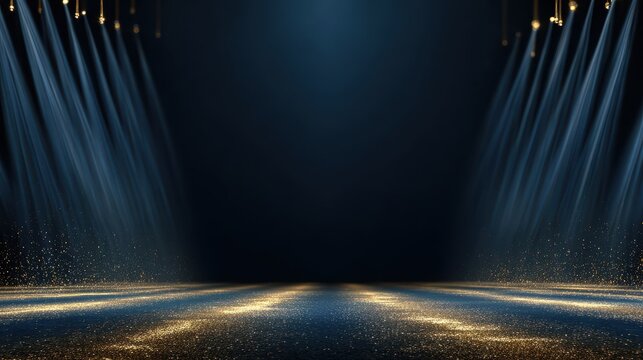 Dark blue stage with golden spotlight lines and glitter texture for award ceremony design. Realistic 3d abstract premium elegant glamour background template for anniversary or winner rewarding
