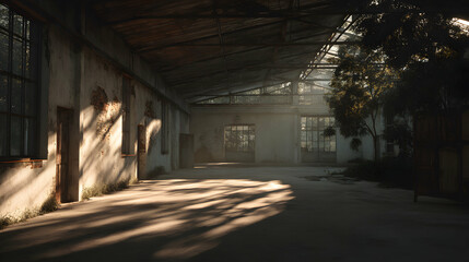 Illuminating shadows dance across the floor of an old factory warehouse creating an atmosphere of industrial decay and