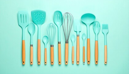 Teal and Beige Silicone Kitchen Utensil Set on Geometric Green Background
