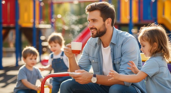 Smiling man with coffee enjoying family time on a sunny playground - Powered by Adobe