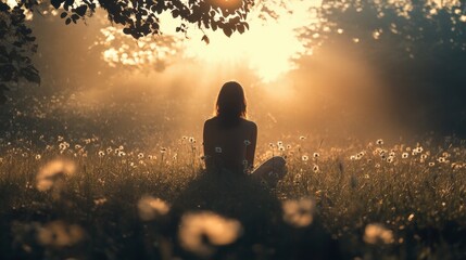 Silhouette of a person meditating in a meadow at sunrise.