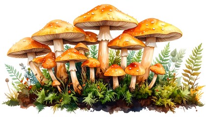 Vibrant Watercolor Painting of Orange-Capped Mushrooms with Ferns and Moss