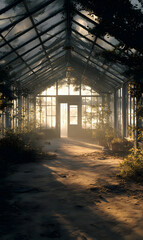 Enigmatic greenhouse interior capturing ethereal sunlight with climbing plants and weathered structure offering a
