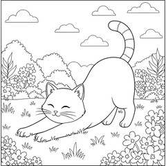 Cute cartoon cat stretching in a flower garden — adorable pet coloring page for kids featuring peaceful outdoor nature scene with playful kitten