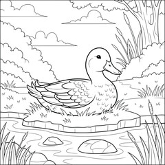 Cartoon duck relaxing on grassy pond island — fun animal coloring page for kids with nature background, cattails, and peaceful water setting