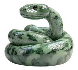 A green snake is curled up on a white background