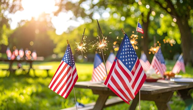 Patriotic picnic in a park, sparklers and flags