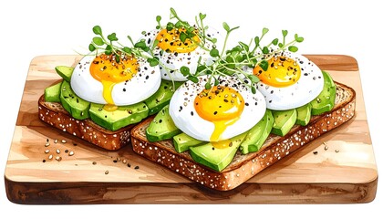 Watercolor Illustration of Avocado Toast with Soft-Boiled Eggs and Microgreens on Wooden Board