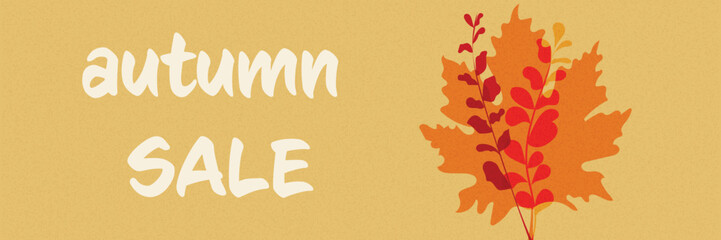 Retro Autumn Sale Banner with Overlay, Grainy, Vintage, and Minimalist design, featuring oak and beech leaves in warm colors. Vector illustration