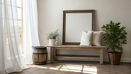 Rustic wooden bench with empty frame and plants near window with sheer curtains