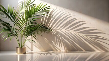 Green palm fronds casting dramatic shadows on a neutral wall and floor