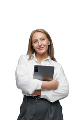 Confident woman holding a tablet and smiling warmly in a transparent background
