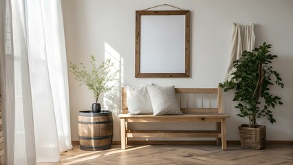 Bright scandinavian entryway with wooden bench and decorative elements