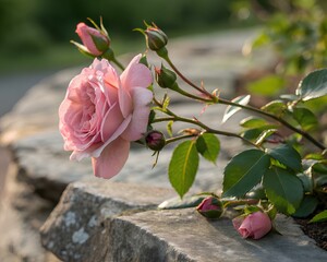 Delicate pink rose and buds resting on weathered stone in soft sunlight