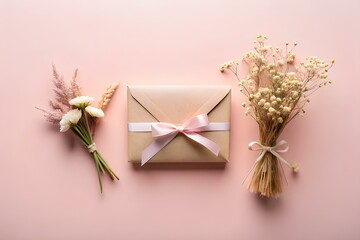 Elegant gift box tied with pink ribbon surrounded by delicate dried flower bouquets