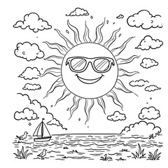 Sunny Day Delight  Cartoon Sun with Sunglasses Smiling Over Gentle Waves, Clouds, and Sailboat in a Stylized Black and White Shore Scene