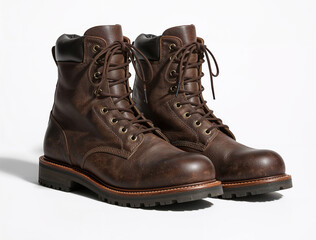 Robust Leather Boots: Rugged brown leather boots, with intricate stitching and strong laces, showcase a testament to durability and style.