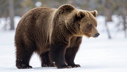 Obraz premium Majestic brown bear stands powerfully in a snowy landscape, gazing into the winter forest with curiosity and strength.